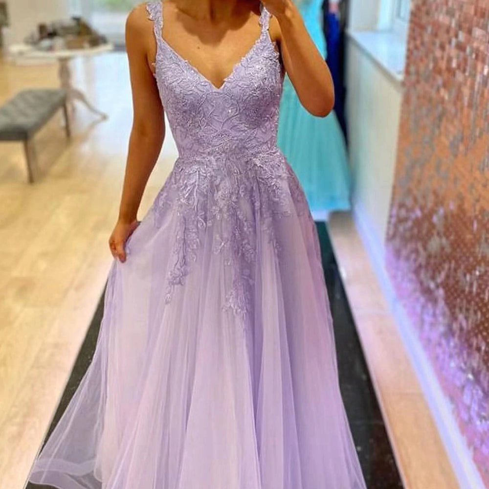 Lilac Long A Line V Neck Lace Tulle Beaded Prom Dresses Lilac Long A Line V Neck Lace Tulle Beaded Prom Dresses
