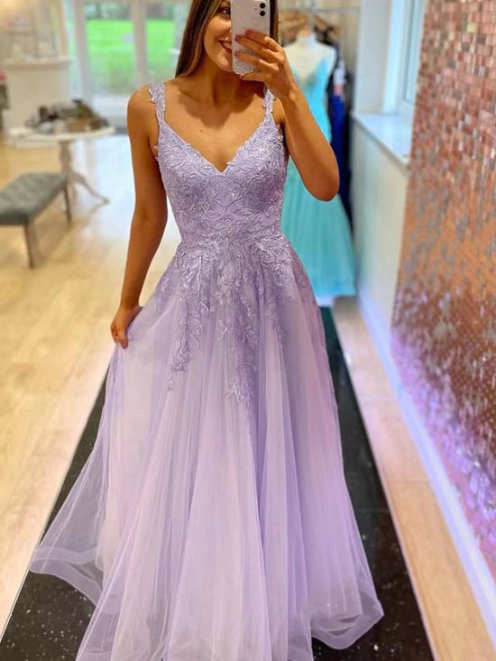 Lilac Long A Line V Neck Lace Tulle Beaded Prom Dresses-BIZTUNNEL