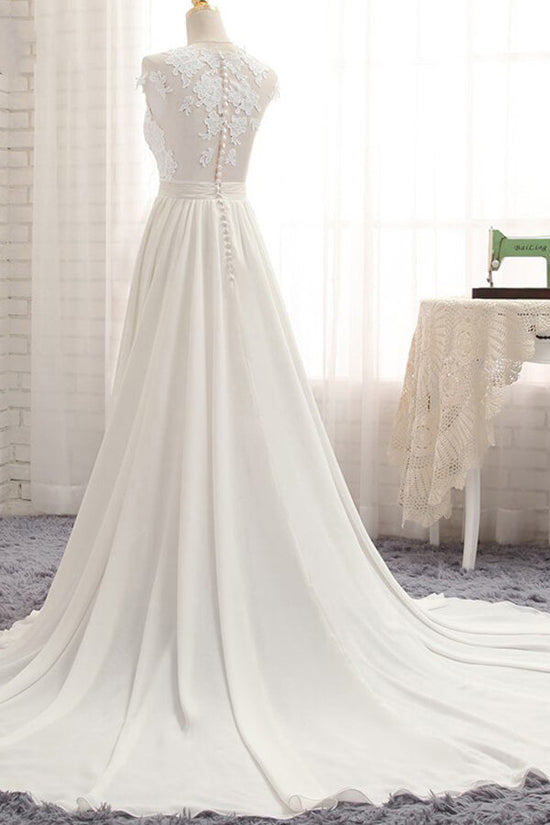 Long A-line Appliques Lace Chiffon Wedding Dress with Slit-BIZTUNNEL