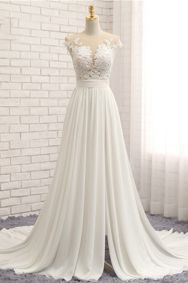 Elegant Long A-line Chiffon Lace Long Sleeves Wedding Dress with Slit main image 1