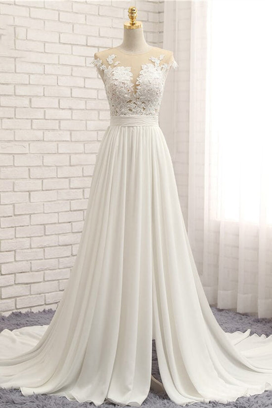 Long A-line Appliques Lace Chiffon Wedding Dress with Slit-BIZTUNNEL