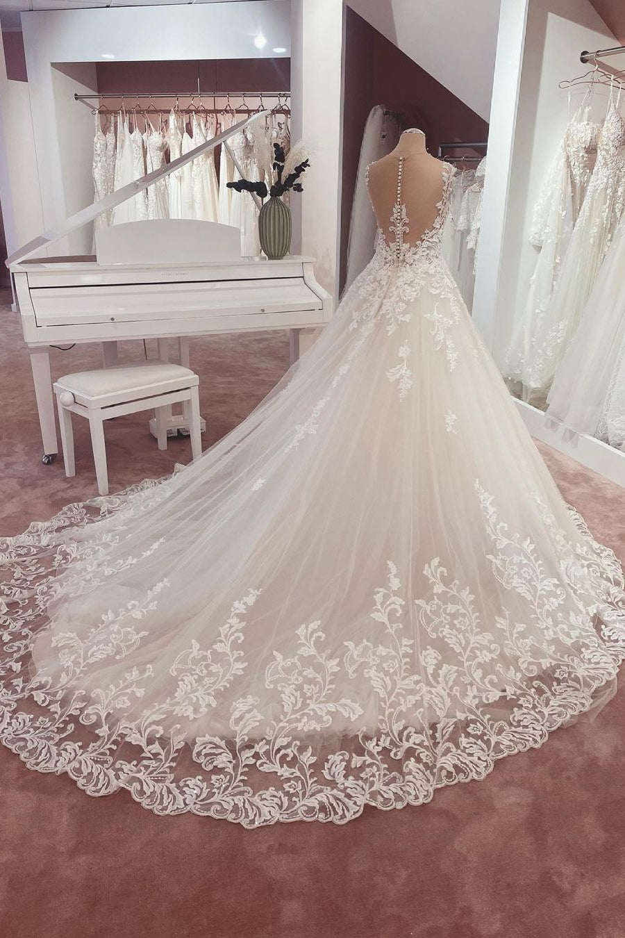 Long A-Line Appliques Lace Sweetheart Tulle Wedding Dress-BIZTUNNEL