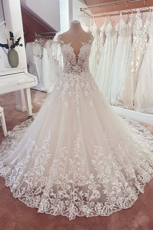 Long A-Line Appliques Lace Sweetheart Tulle Wedding Dress-BIZTUNNEL