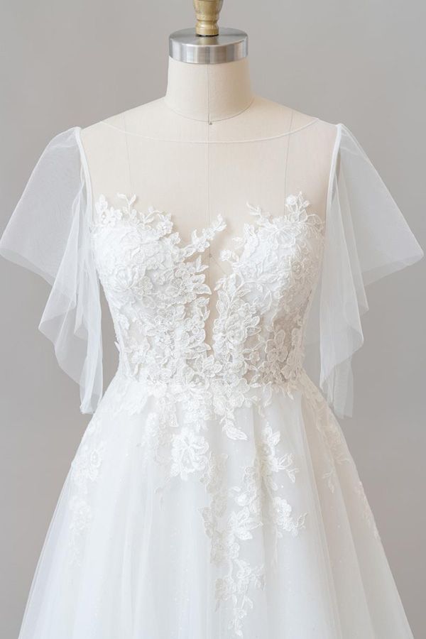 Exquisite Long A-line Appliques Lace Tulle Wedding Dress main image 1