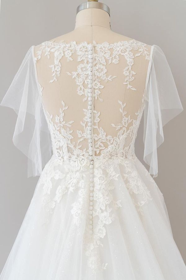Charming A Line Strapless Tulle Long Wedding Dresses with Appliques N103