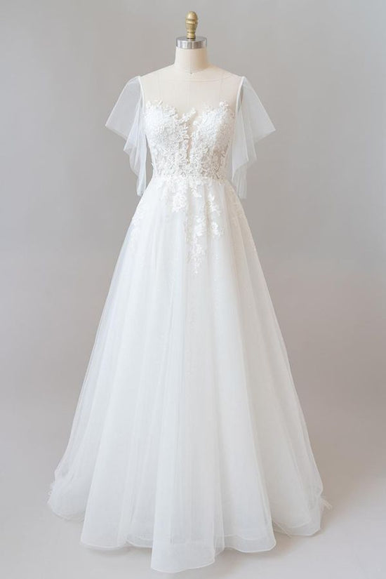 Long A-line Appliques Lace Tulle Wedding Dress with Sleeves-BIZTUNNEL