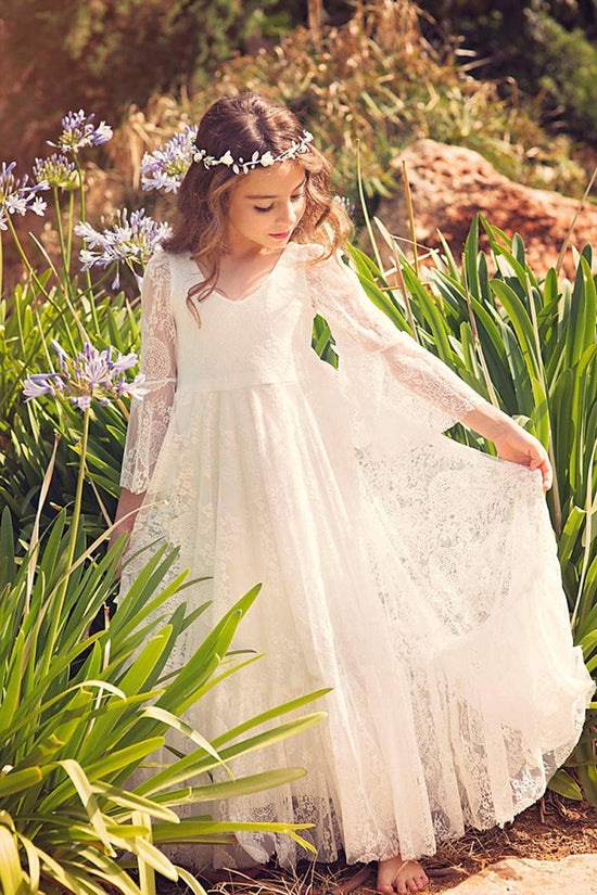 Load image into Gallery viewer, Long A-line Appliques Lace V-neck Flower Girl Dress with Sleeves-BIZTUNNEL
