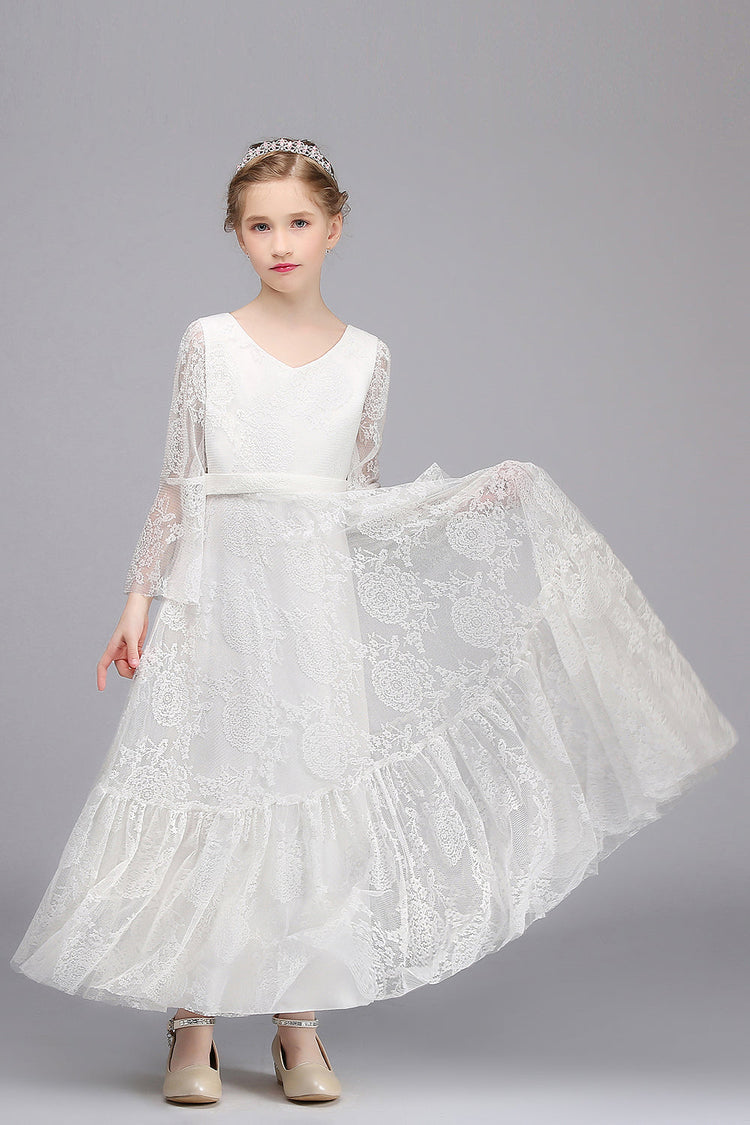 Long sleeves Floral Applique A-line Flower Girl Dress Champagne