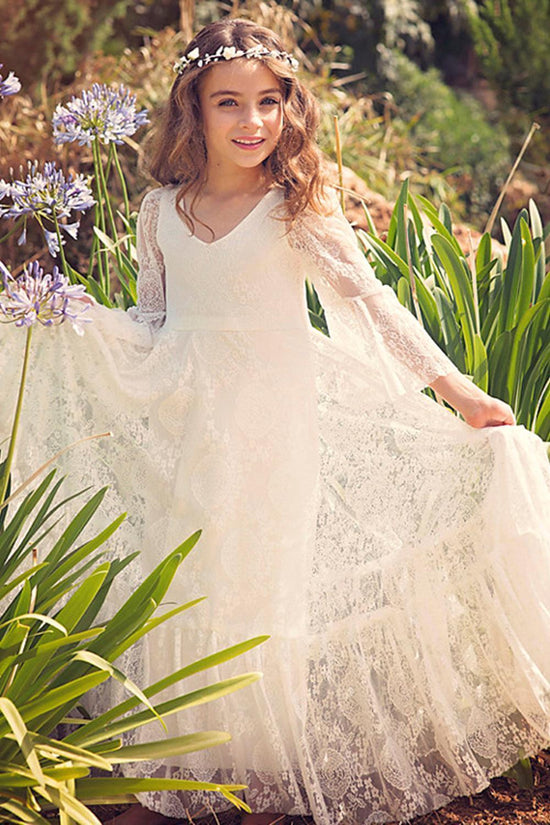 Long A-line Appliques Lace V-neck Flower Girl Dress with Sleeves-BIZTUNNEL