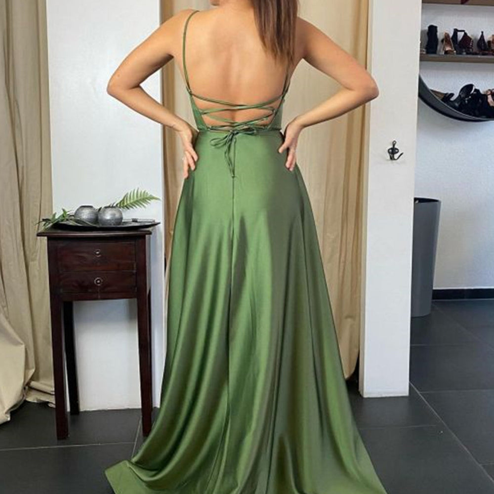 Long A-line Backless Prom Dress with Slit Formal Graduation Evening Dr BIZTUNNEL Long A-line Backless Prom Dress with Slit Formal Graduation Evening Dr BIZTUNNEL