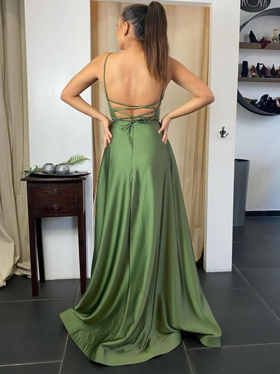 Long A-line Backless Prom Dress with Slit Formal Graduation Evening Dresses with Pockets-BIZTUNNEL