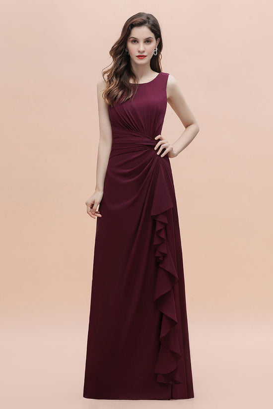 Long A-Line Backless Ruched Chiffon Burgundy Bridesmaid Dress With Slit-BIZTUNNEL