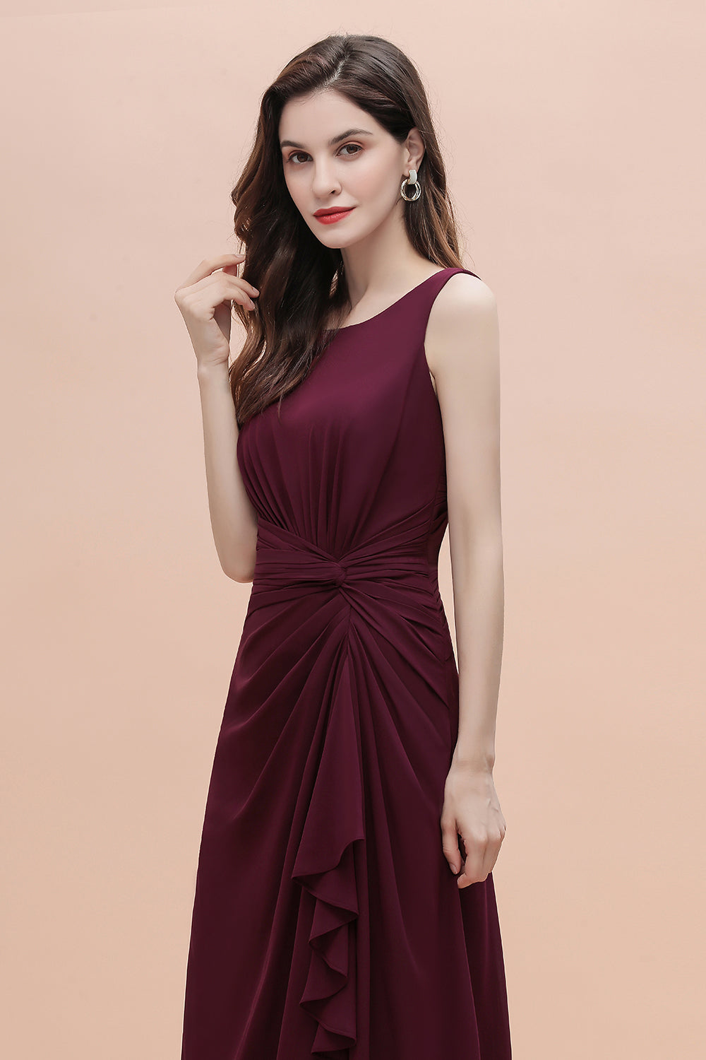 Long A-Line Backless Ruched Chiffon Burgundy Bridesmaid Dress With Slit-BIZTUNNEL