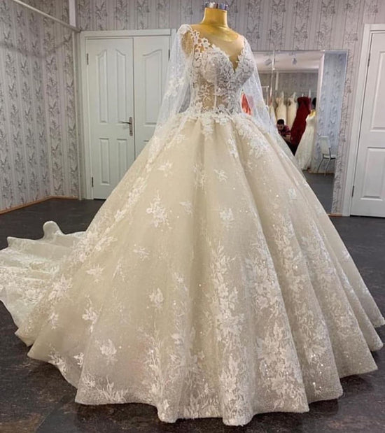 Carregar imagem no visualizador da galeria, Long A-line Bateau Appliques Lace Sequins Tulle Wedding Dress-BIZTUNNEL
