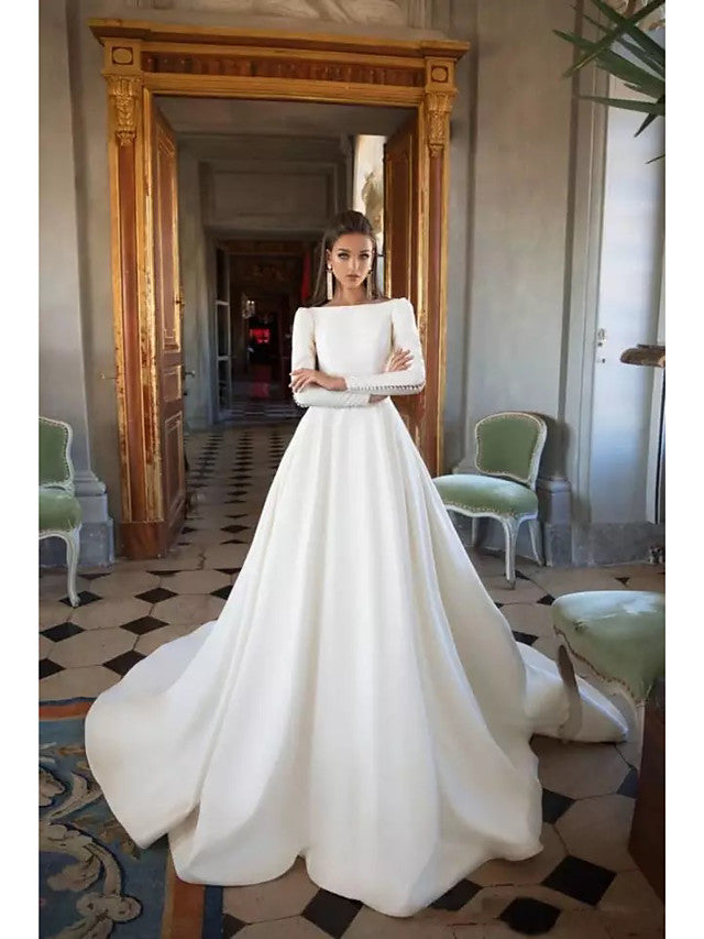 Long A-Line Bateau Neck Court Train Polyester Backless Wedding Dresses with Sleeves-BIZTUNNEL