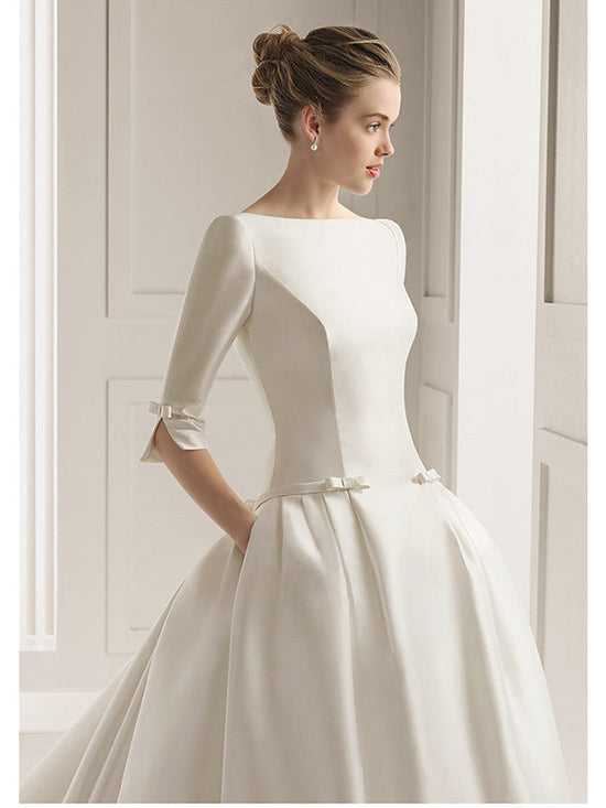 Long A-Line Bateau Neck Polyester Half Sleeve Backless Wedding Dresses with Pockets-BIZTUNNEL
