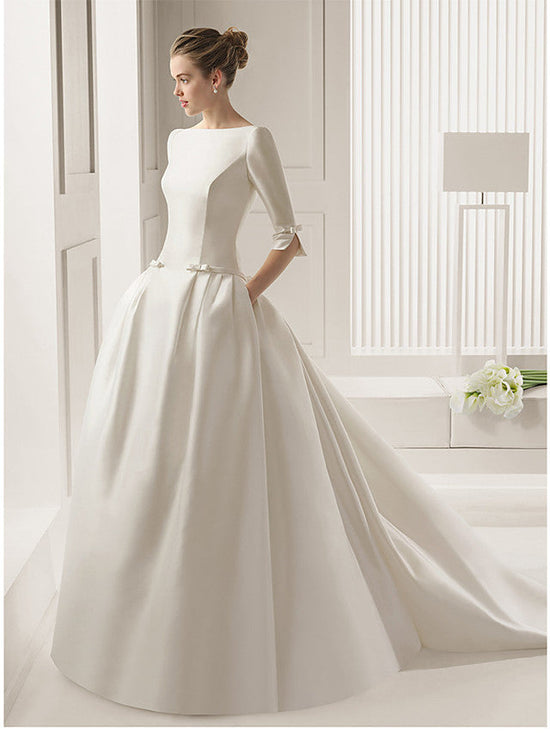 Long A-Line Bateau Neck Polyester Half Sleeve Backless Wedding Dresses with Pockets-BIZTUNNEL