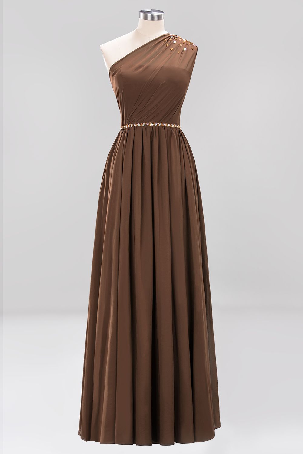 Long A-Line Burgundy Chiffon One Shoulder Bridesmaid Dresses with Beadings-BIZTUNNEL