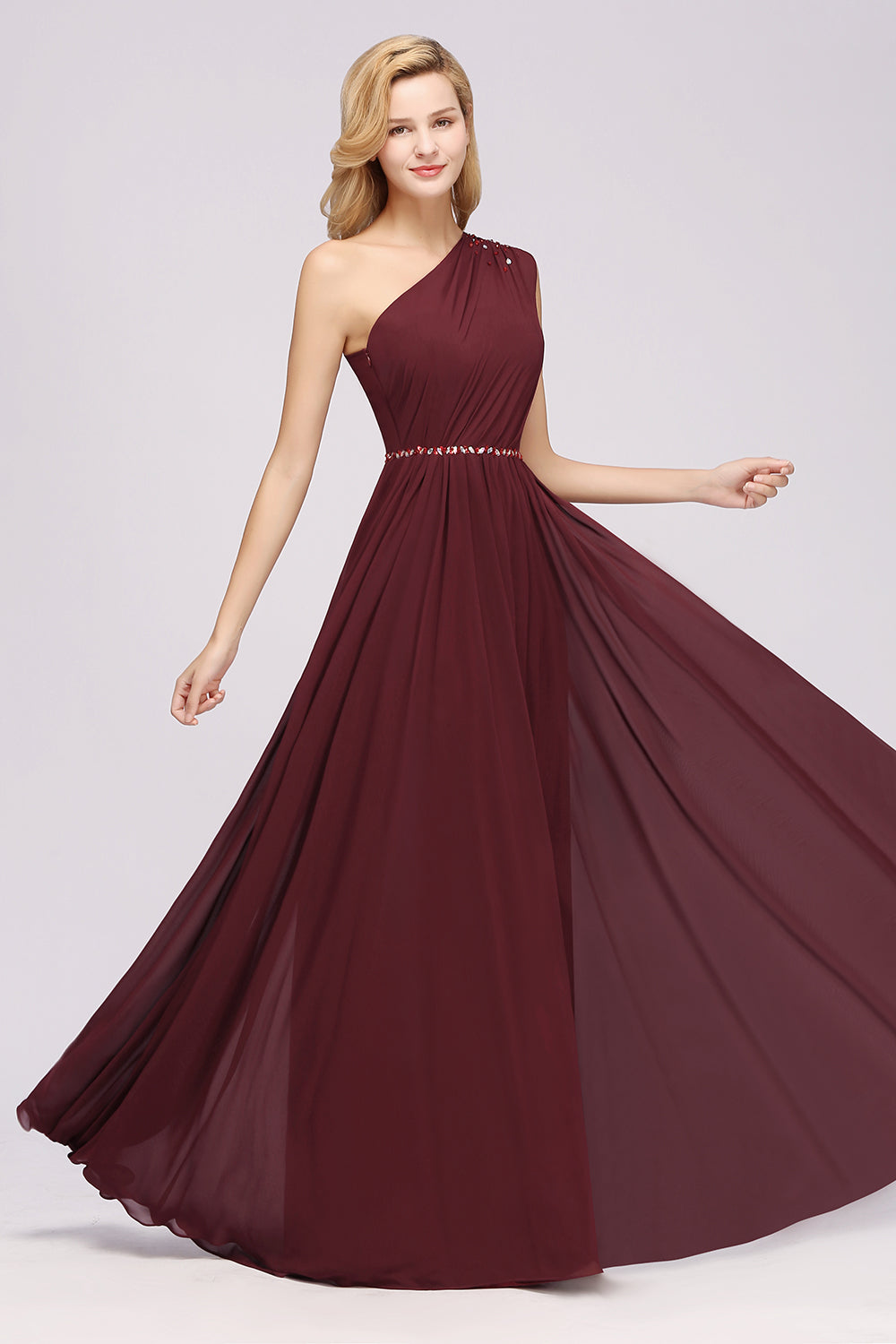Long A-Line Burgundy Chiffon One Shoulder Bridesmaid Dresses with Beadings Long A-Line Burgundy Chiffon One Shoulder Bridesmaid Dresses with Beadings