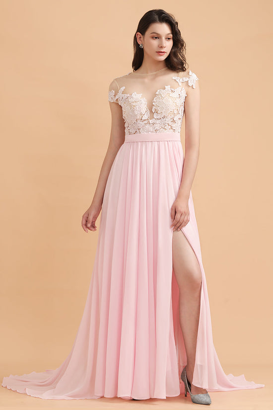 Long A-Line Cap Sleeves Lace Appliques Chiffon Bridesmaid Dress With Slit-BIZTUNNEL