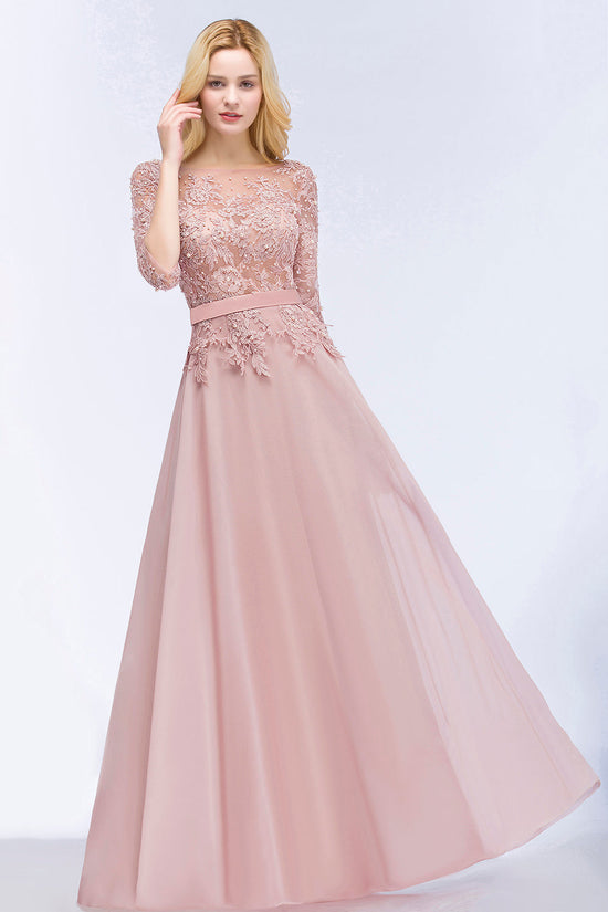 Long A-line Chiffon Appliques Lace Jewel Bridesmaid Dresses with Sleeves-BIZTUNNEL