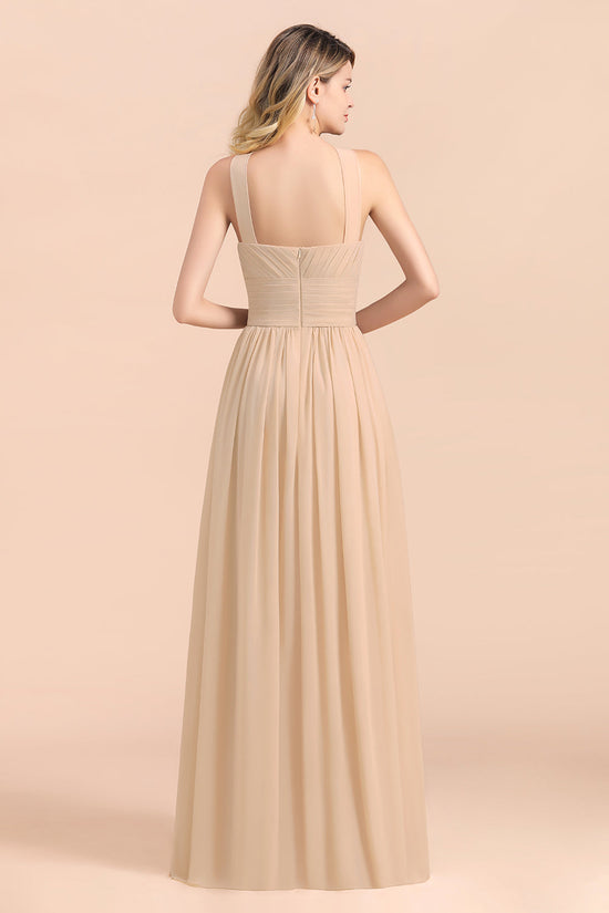 Long A-Line Chiffon Backless Bridesmaid Dress With Ruched-BIZTUNNEL
