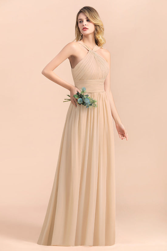Long A-Line Chiffon Backless Bridesmaid Dress With Ruched-BIZTUNNEL