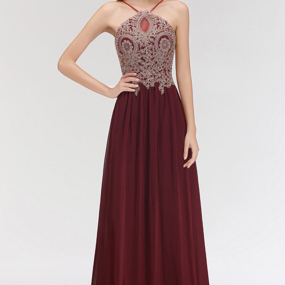 Long A-Line Chiffon Backless Burgundy Bridesmaid Dress with Appliques BIZTUNNEL Long A-Line Chiffon Backless Burgundy Bridesmaid Dress with Appliques BIZTUNNEL