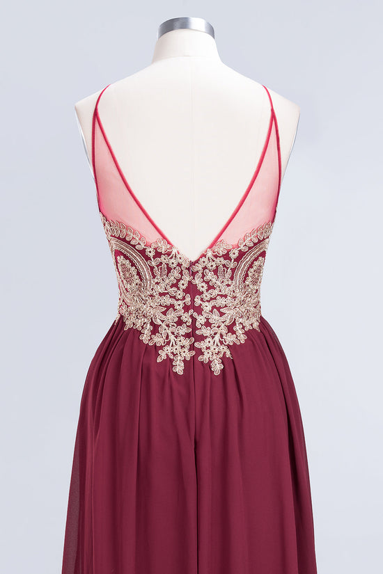 Long A-Line Chiffon Backless Burgundy Bridesmaid Dress with Appliques-BIZTUNNEL