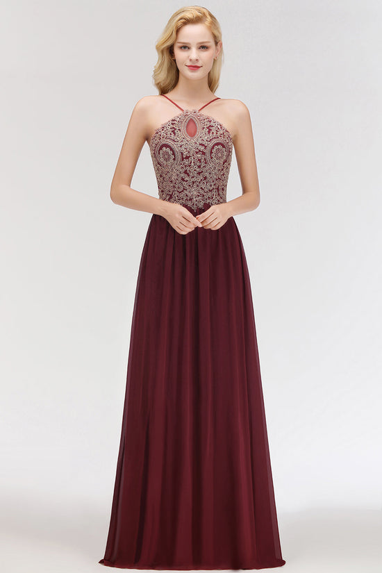 A-line Backless Pleated Chiffon Maxi Dresses Burgundy