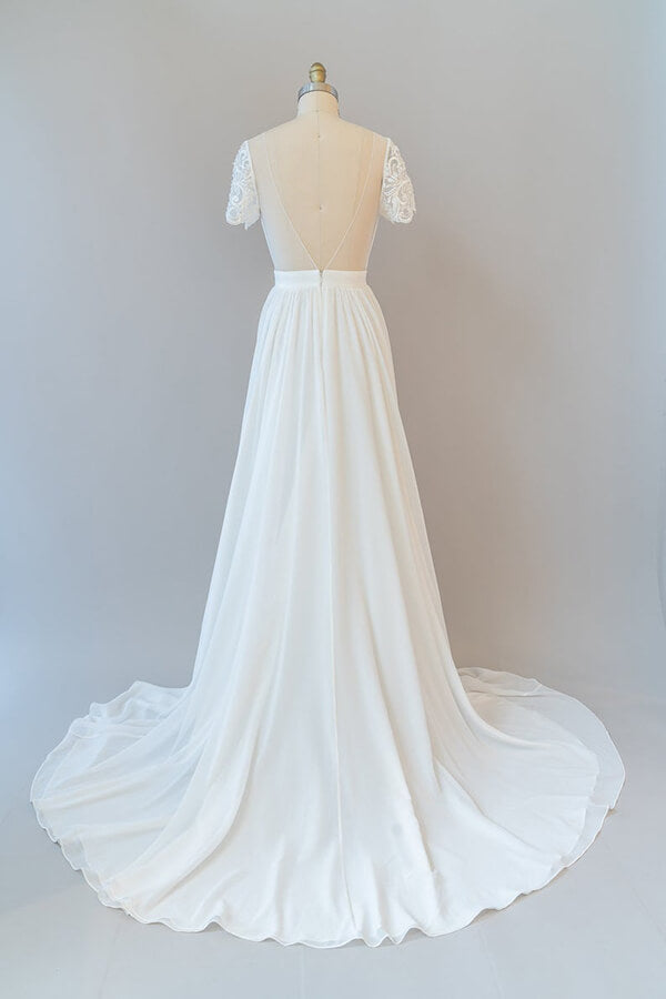 Long A-line Chiffon Backless Wedding Dress with Sleeves-BIZTUNNEL