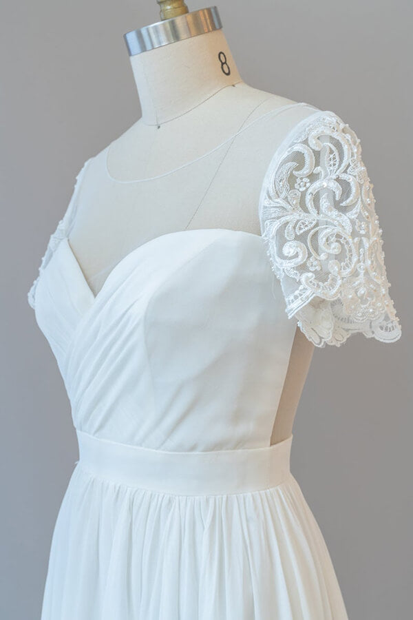 Long A-line Chiffon Backless Wedding Dress with Sleeves-BIZTUNNEL