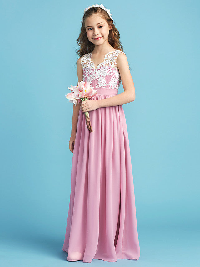 Long A-line Chiffon Flower Girl Dresses Lace Junior Bridesmaid Dress-BIZTUNNEL