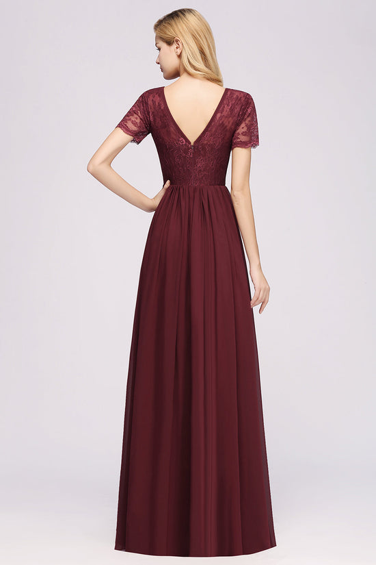 Long A-line Chiffon Lace Jewel Bridesmaid Dress with Sleeves-BIZTUNNEL