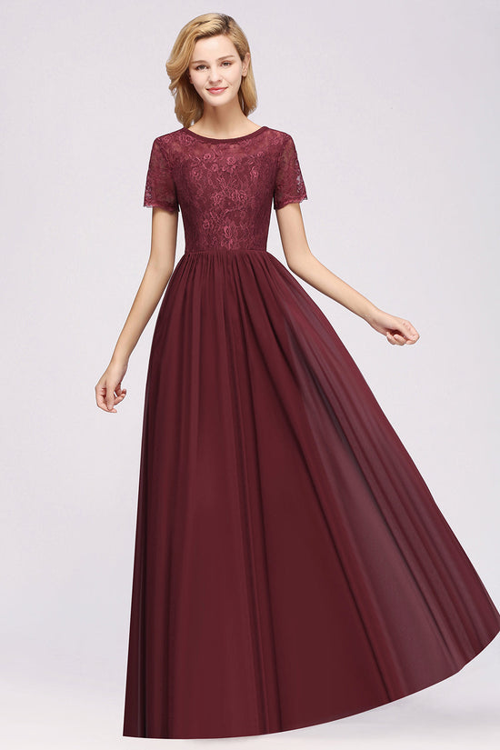 Long A-line Chiffon Lace Jewel Bridesmaid Dress with Sleeves-BIZTUNNEL