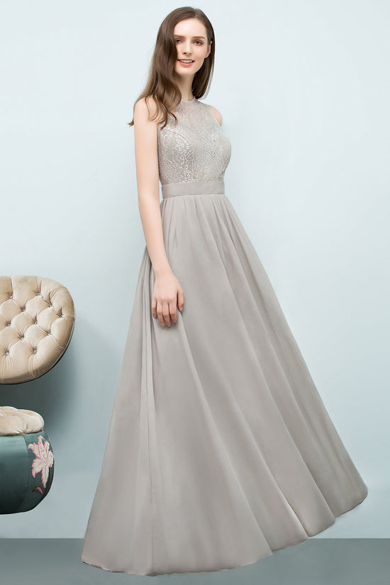Long A-line Chiffon Lace Jewel Sleeveless Bridesmaid Dresses-BIZTUNNEL