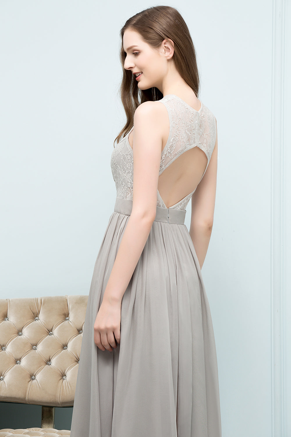 Long A-line Chiffon Lace Jewel Sleeveless Bridesmaid Dresses-BIZTUNNEL