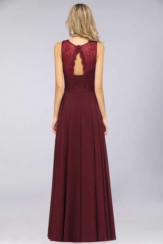 Load image into Gallery viewer, Long A-Line Chiffon Lace Jewel Sleeveless Burgundy Bridesmaid Dress-BIZTUNNEL
