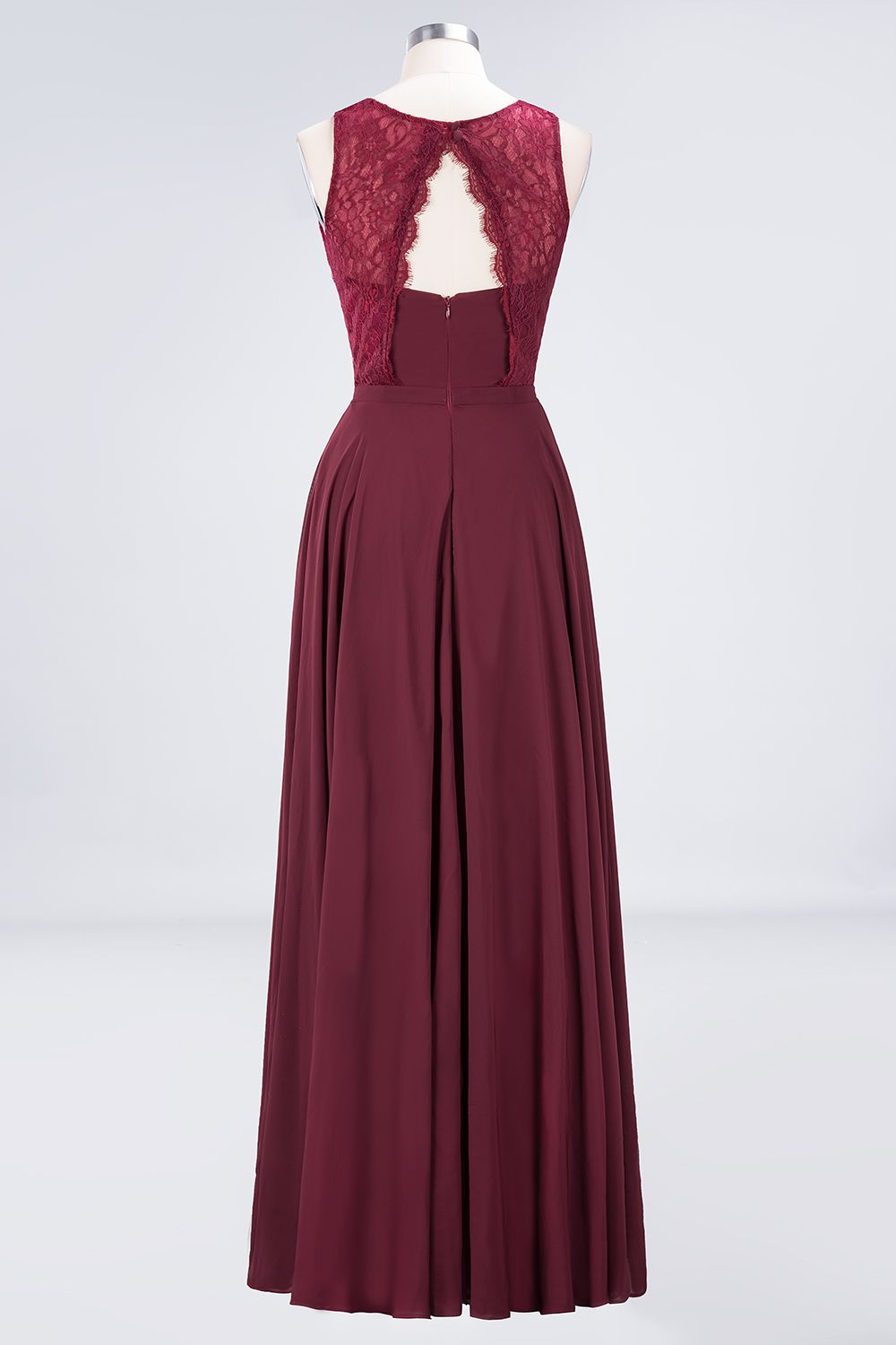 Load image into Gallery viewer, Long A-Line Chiffon Lace Jewel Sleeveless Burgundy Bridesmaid Dress-BIZTUNNEL
