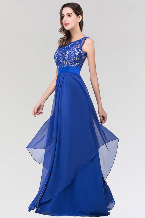 Carregar imagem no visualizador da galeria, Long A-line Chiffon Lace Jewel Sleeveless Chiffon Bridesmaid Dresses-BIZTUNNEL
