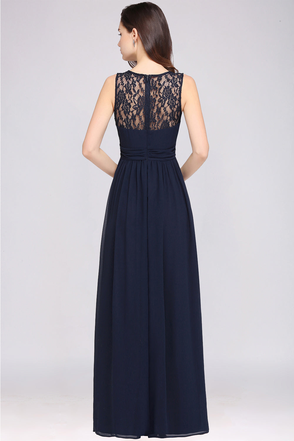 Load image into Gallery viewer, Long A-line Chiffon Lace Jewel Sleeveless Dark Navy Bridesmaid Dress-BIZTUNNEL
