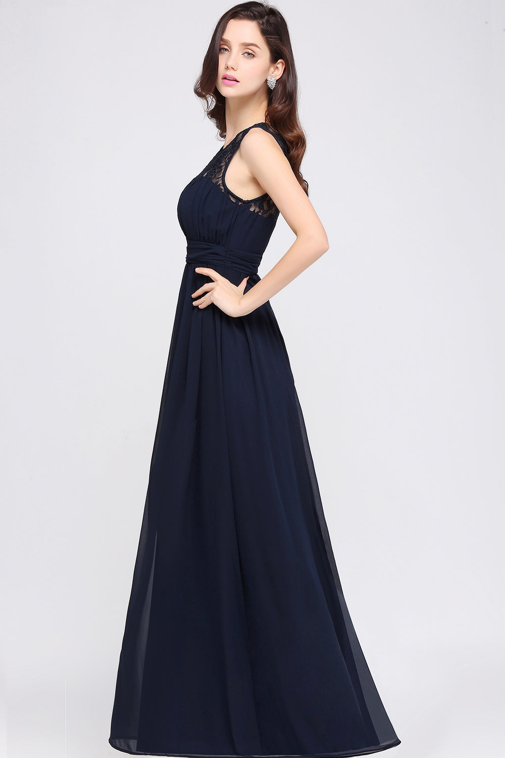Long A-line Chiffon Lace Jewel Sleeveless Dark Navy Bridesmaid Dress-BIZTUNNEL