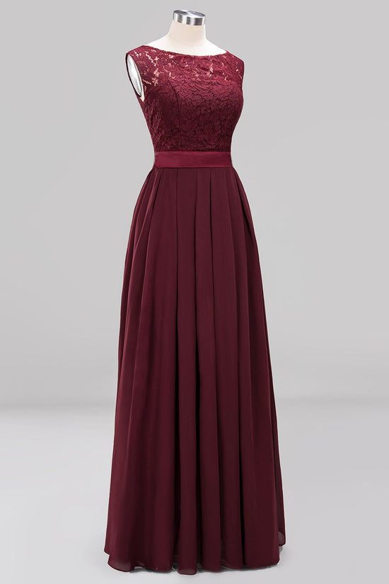 Long A-line Chiffon Lace Jewel Sleeveless Ruffles Bridesmaid Dress-BIZTUNNEL