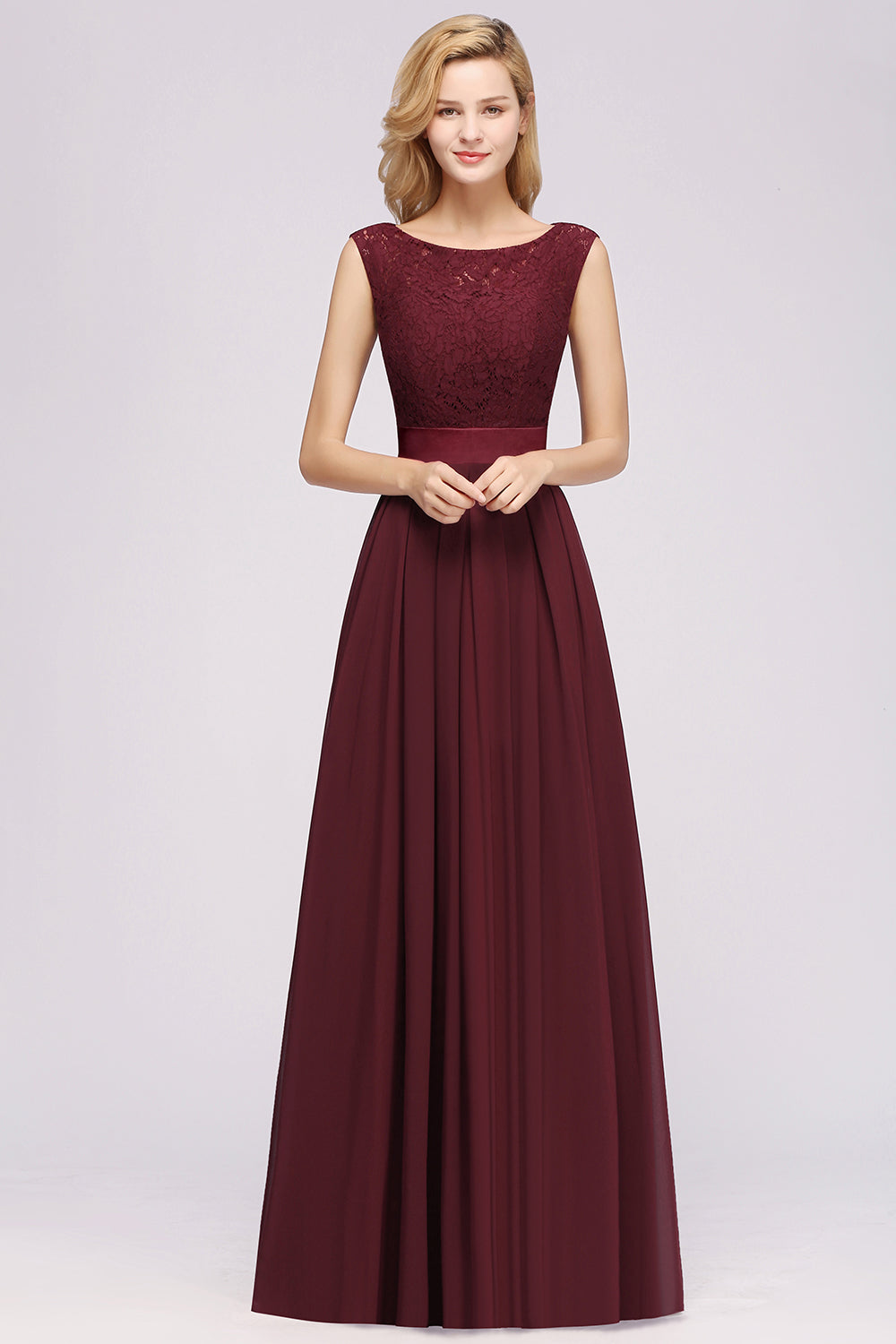 Long A-line Chiffon Lace Jewel Sleeveless Ruffles Bridesmaid Dress-BIZTUNNEL