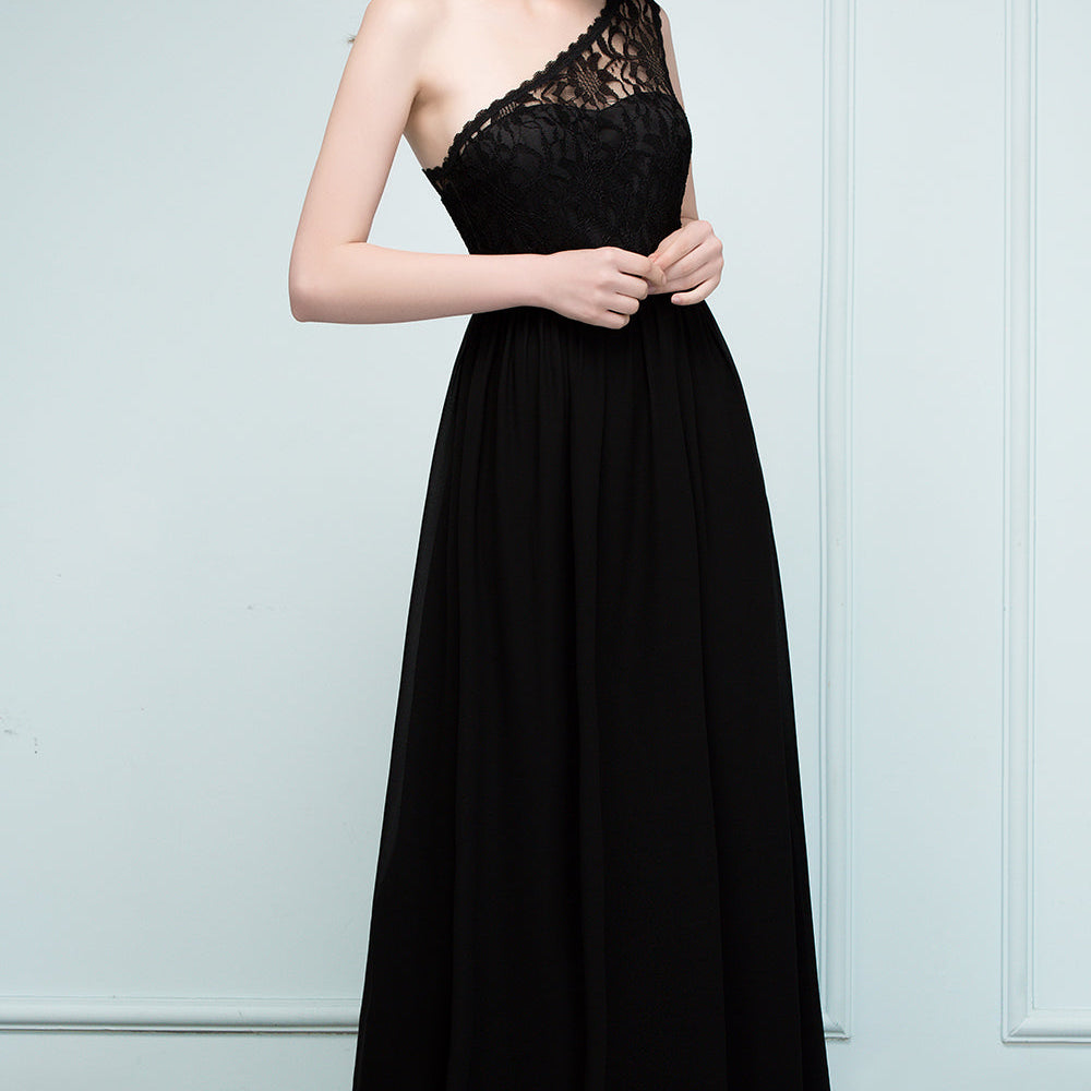 
                  
                    Long A-line Chiffon Lace One-shoulder Bridesmaid Dress with Sash-BIZTUNNEL
                  
                
