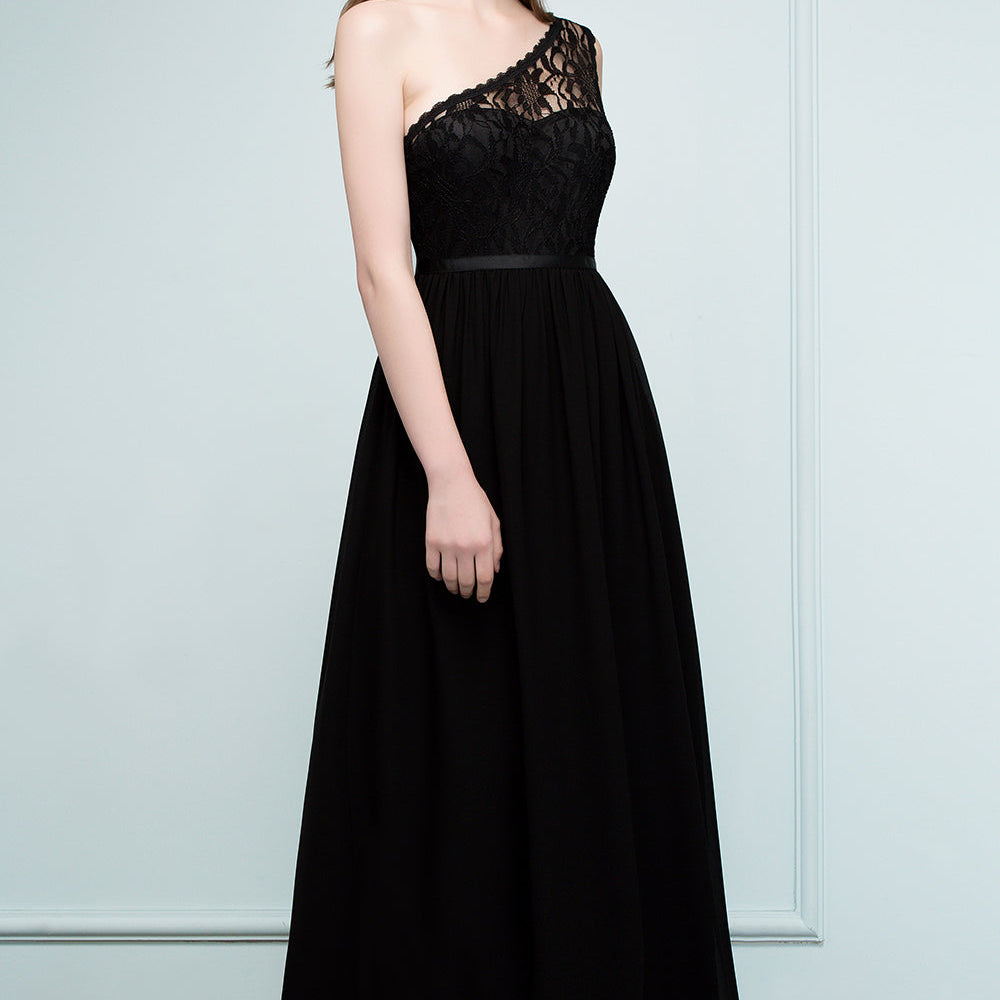 
                  
                    Long A-line Chiffon Lace One-shoulder Bridesmaid Dress with Sash-BIZTUNNEL
                  
                
