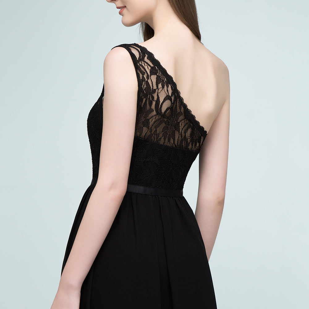 
                  
                    Long A-line Chiffon Lace One-shoulder Bridesmaid Dress with Sash-BIZTUNNEL
                  
                