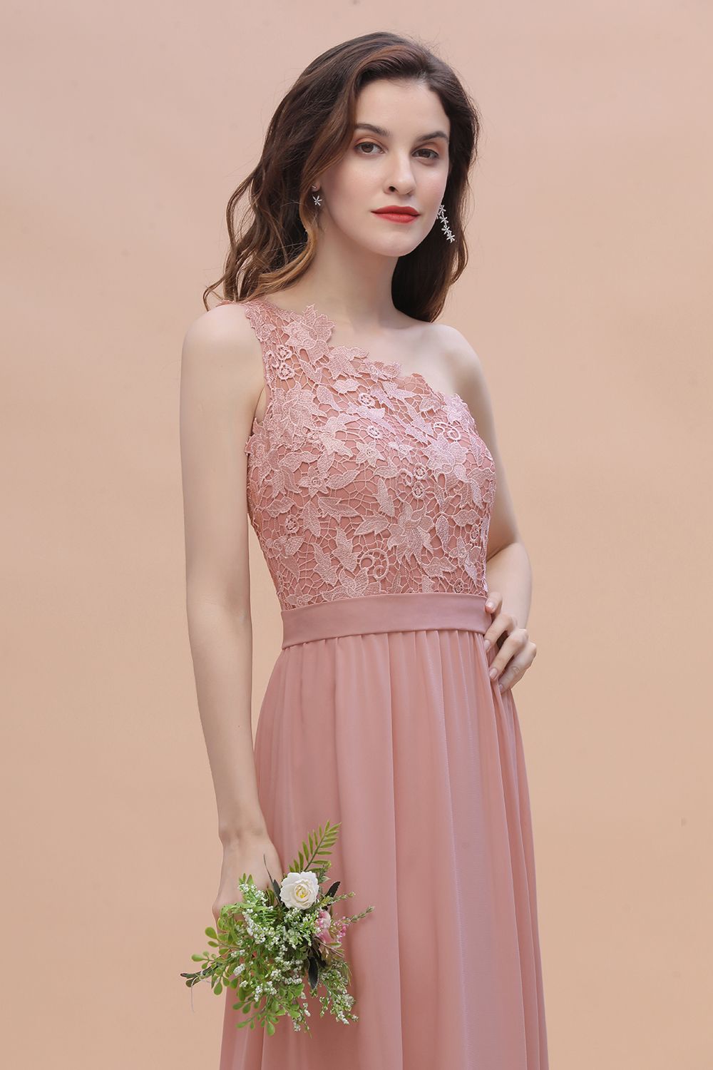 One-Shoulder A-Line Pleated Chiffon Bridesmaid Dress in Pine main image 1