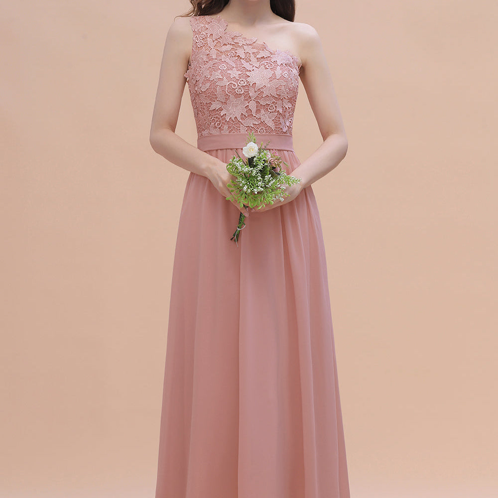 Long A-Line Chiffon One Shoulder Bridesmaid Dress With Appliques Lace Long A-Line Chiffon One Shoulder Bridesmaid Dress With Appliques Lace