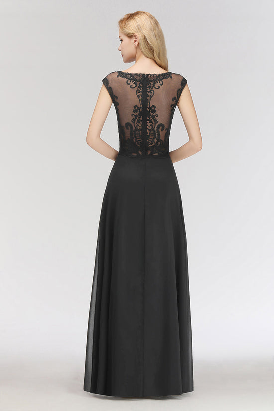 Long A-line Chiffon Scoop Sleeveless Lace Black Bridesmaid Dress-BIZTUNNEL